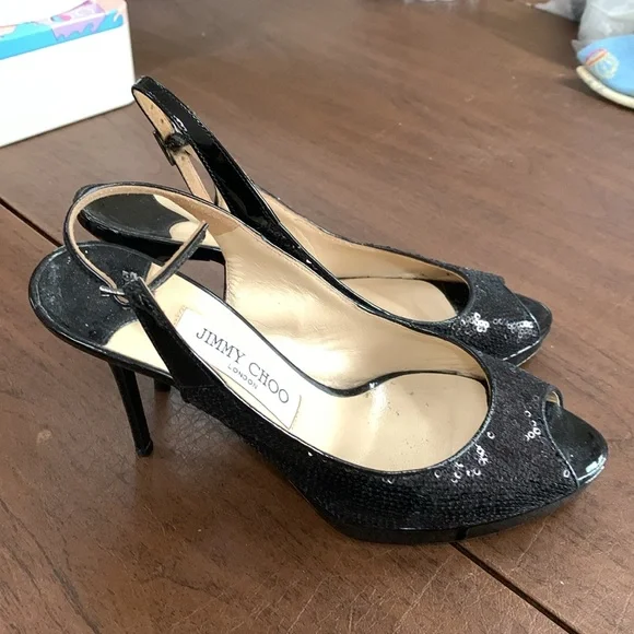 Jimmy Choo Leather Glitter Accents Slingback Pumps 37.5